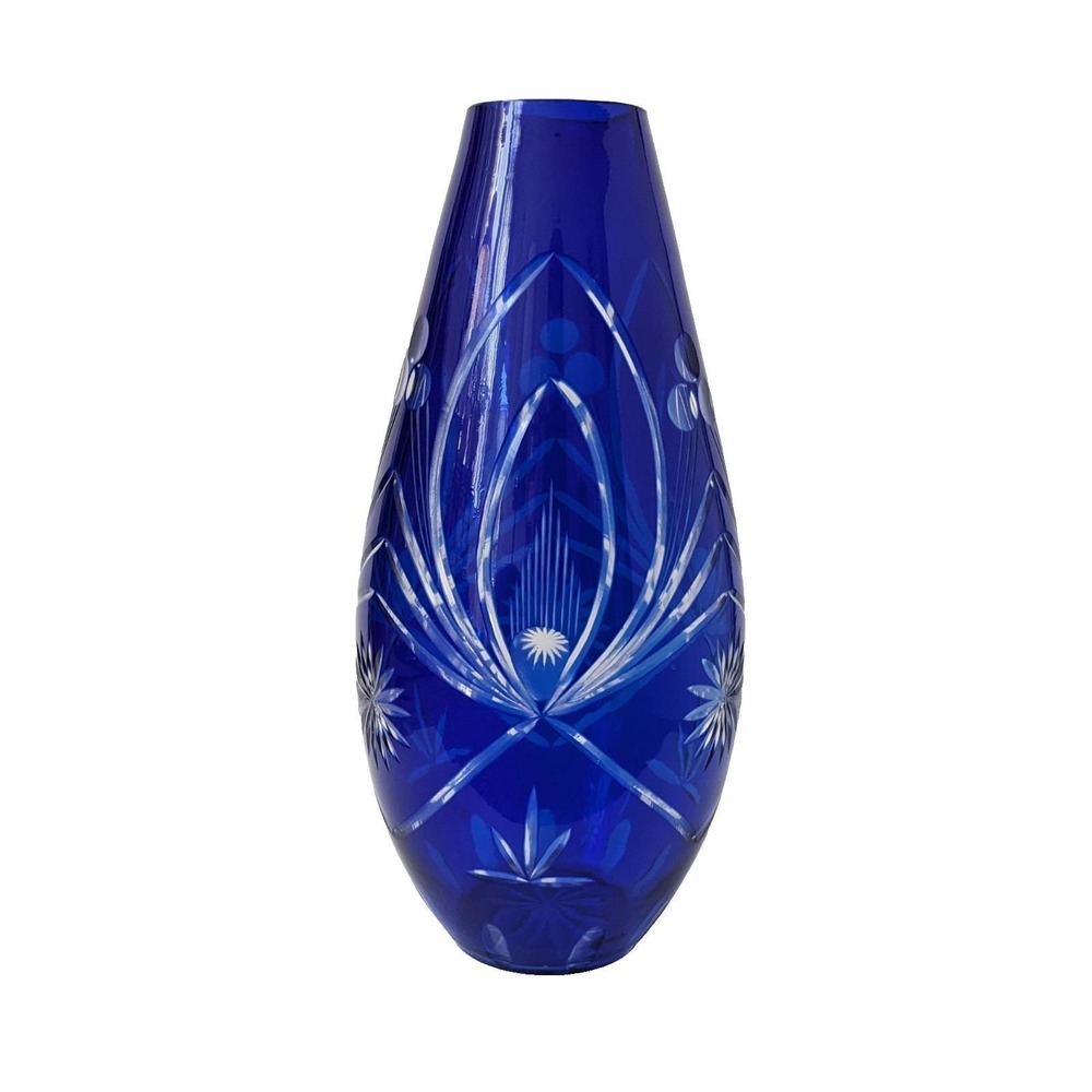 Vintage Mid-Century Bohemian Cobalt Blue Cut to Clear Glass Statement Vase 14"